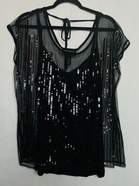 INC International Concepts Black Sheer Sequin Illusion 2-Piece Top XL NWT